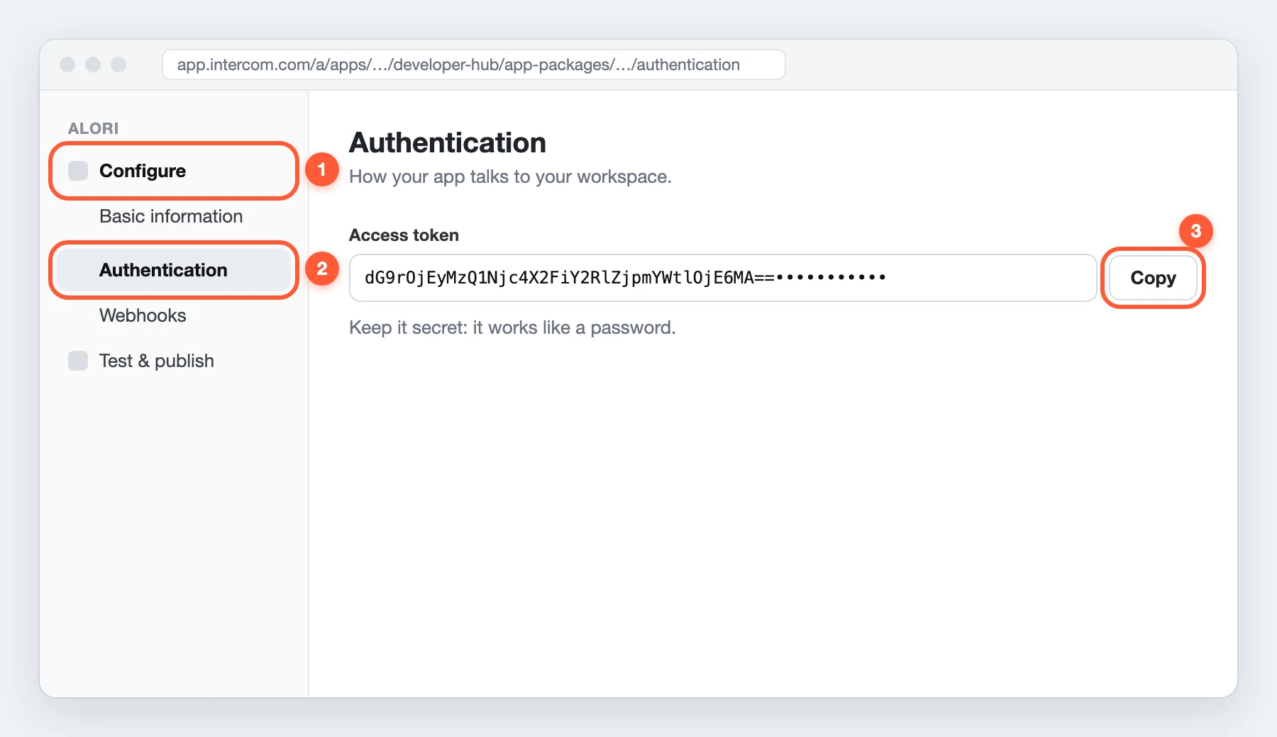 Open Configure, then Authentication, then copy the Access token