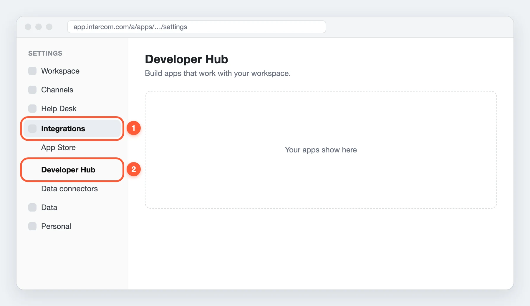 In Intercom Settings, click Integrations, then Developer Hub