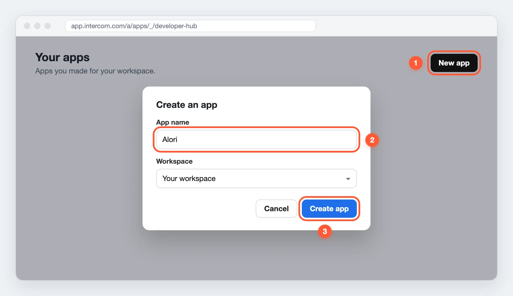 Click New app, name it Alori, then click Create app